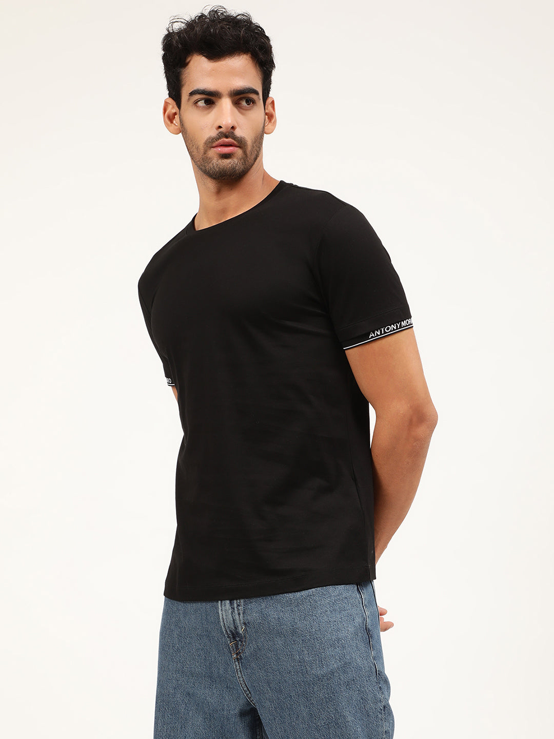 Antony Morato Men Black Cotton Solid Slim Fit T-shirt