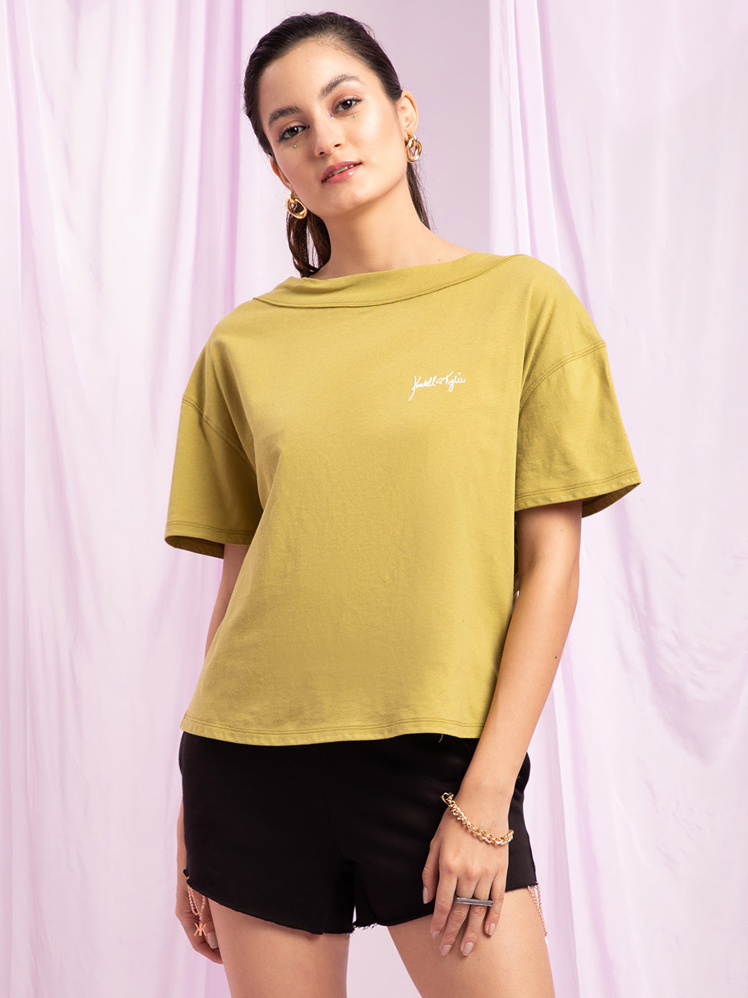 Kendall + Kylie Women Green Printed Round Neck Tshirt