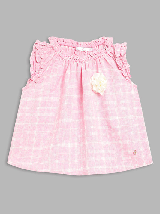 Elle Kids Girls Pink Checked Round Neck Top