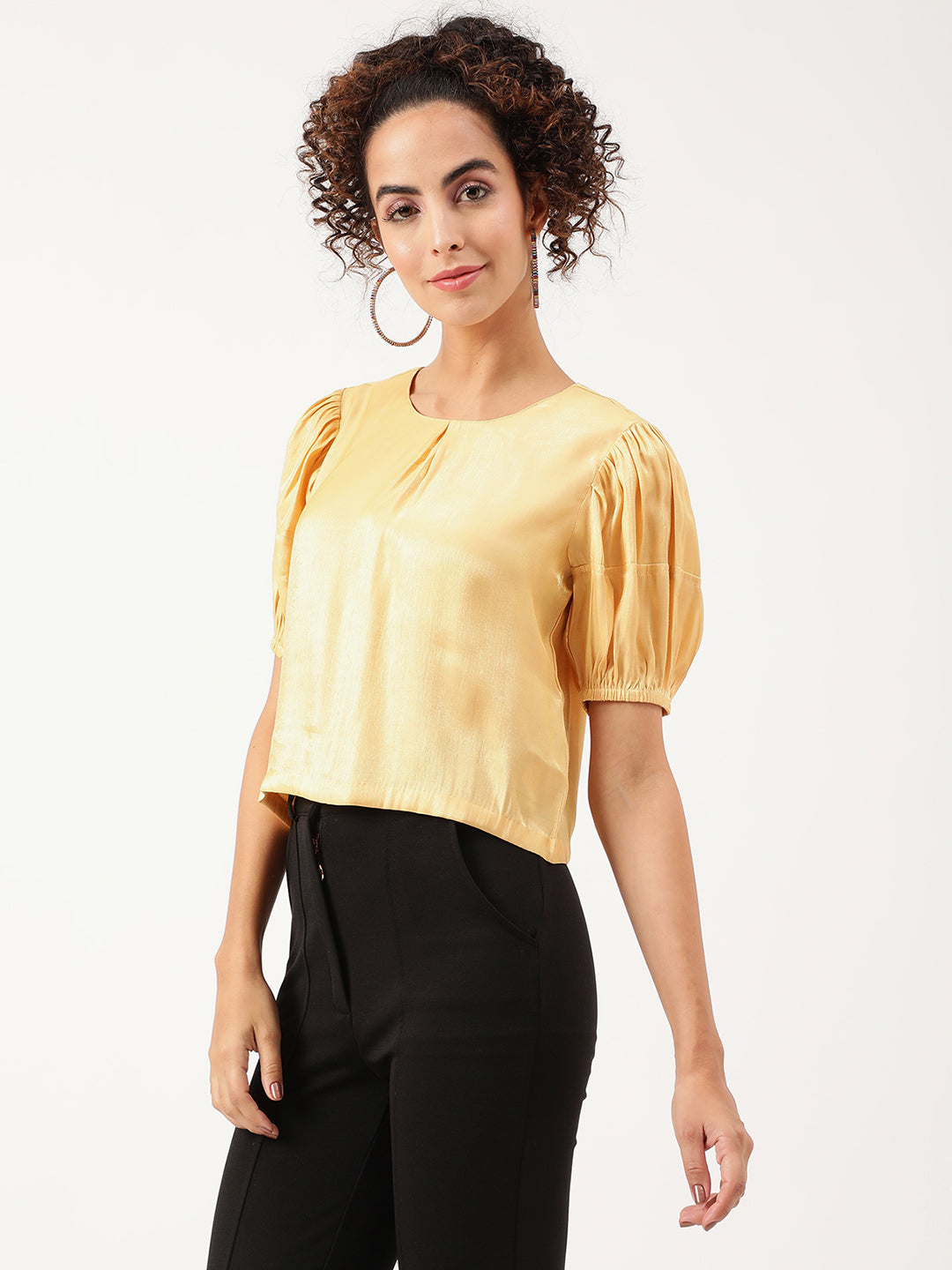 Centre Stage Women Yellow Solid Round Neck Top