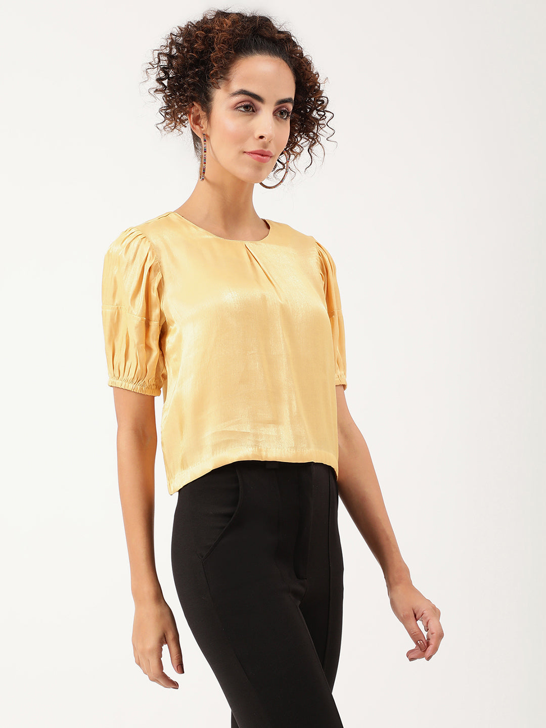 Centre Stage Women Yellow Solid Round Neck Top