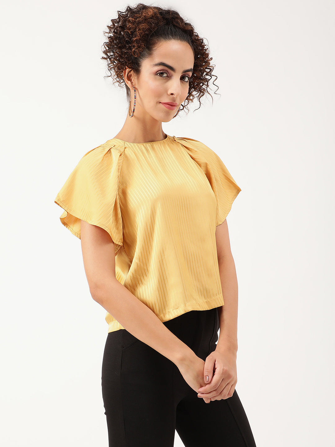 Centre Stage Women Yellow Striped Round Neck Top