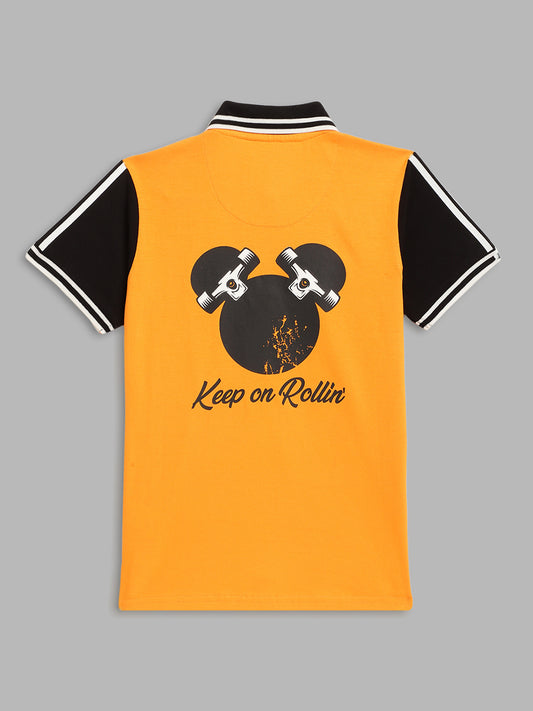 Blue Giraffe Kids Orange Printed Mickey Regular Fit Polo T-Shirt