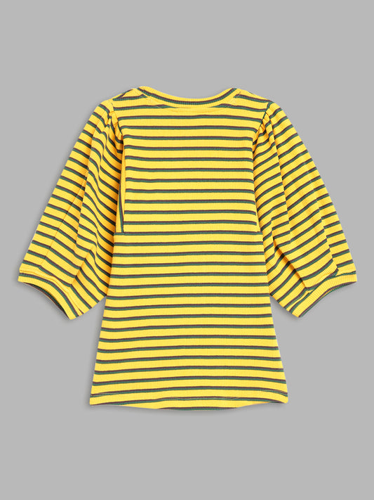 Elle Kids Girls Yellow Striped Round Neck TShirt