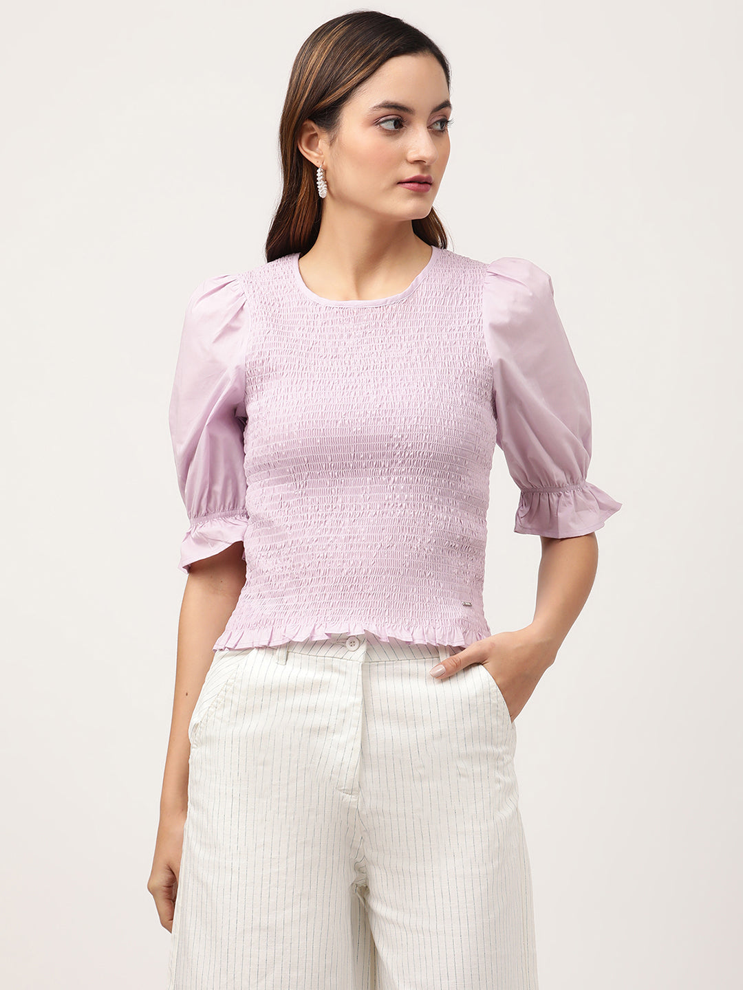 Elle Women Lilac Solid Round Neck Top