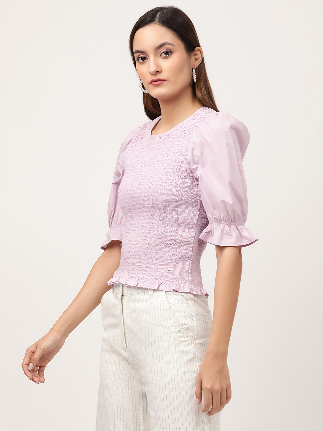 Elle Women Lilac Solid Round Neck Top