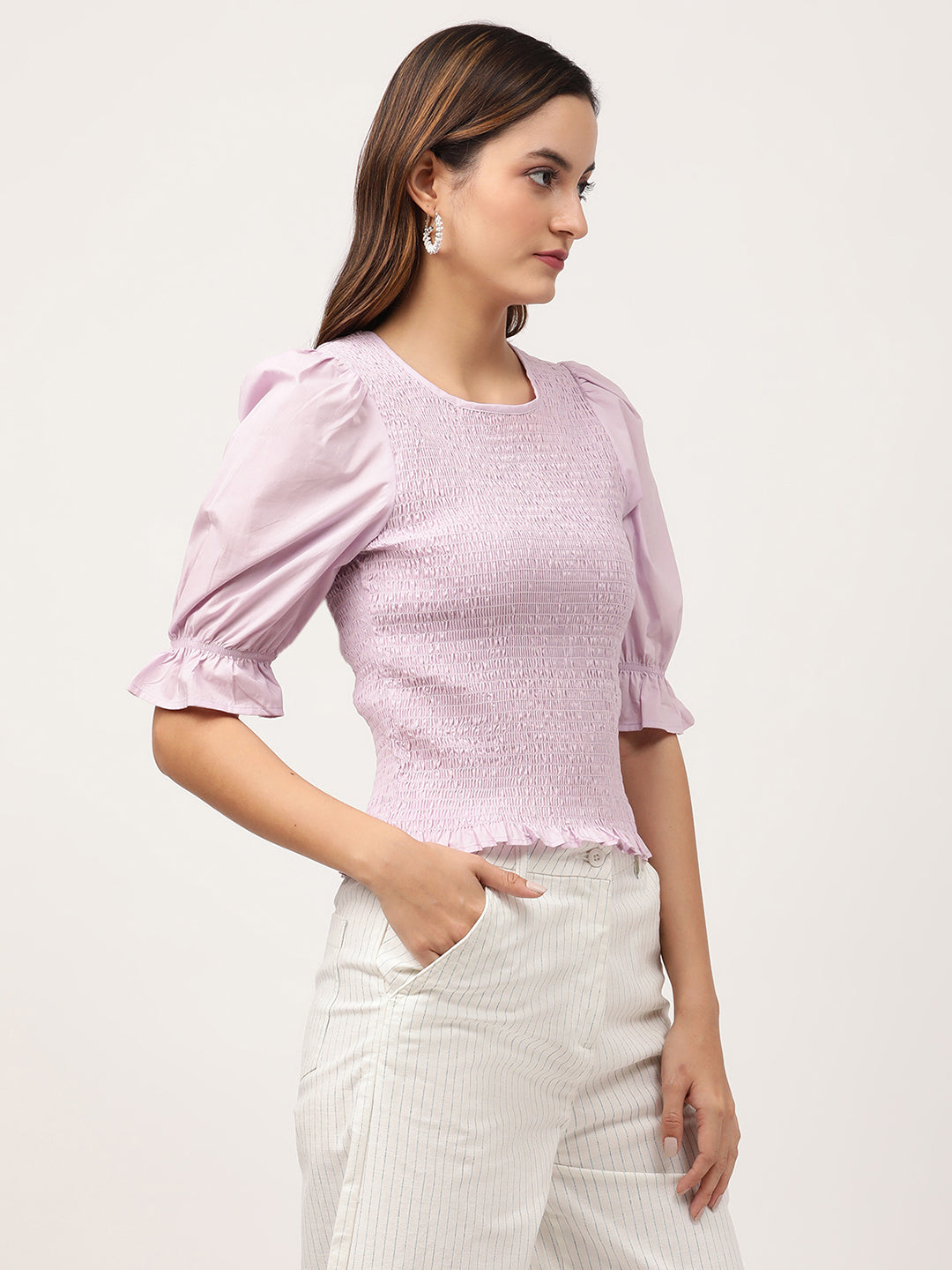 Elle Women Lilac Solid Round Neck Top