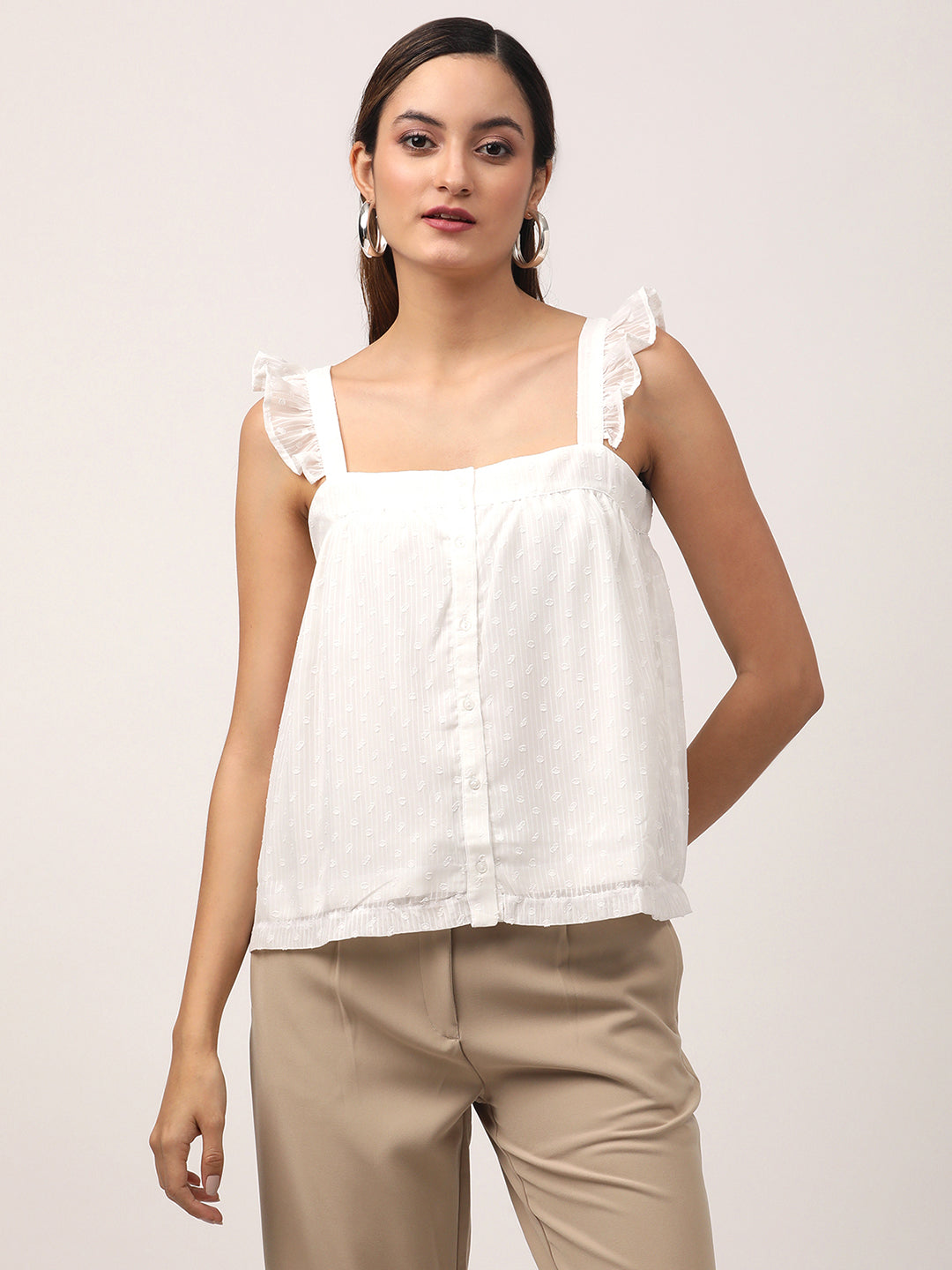 Centre Stage Women Off White Solid Square Neck Top