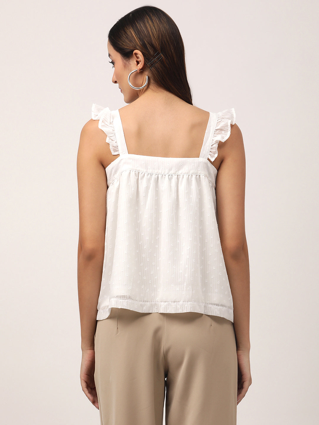 Centre Stage Women Off White Solid Square Neck Top