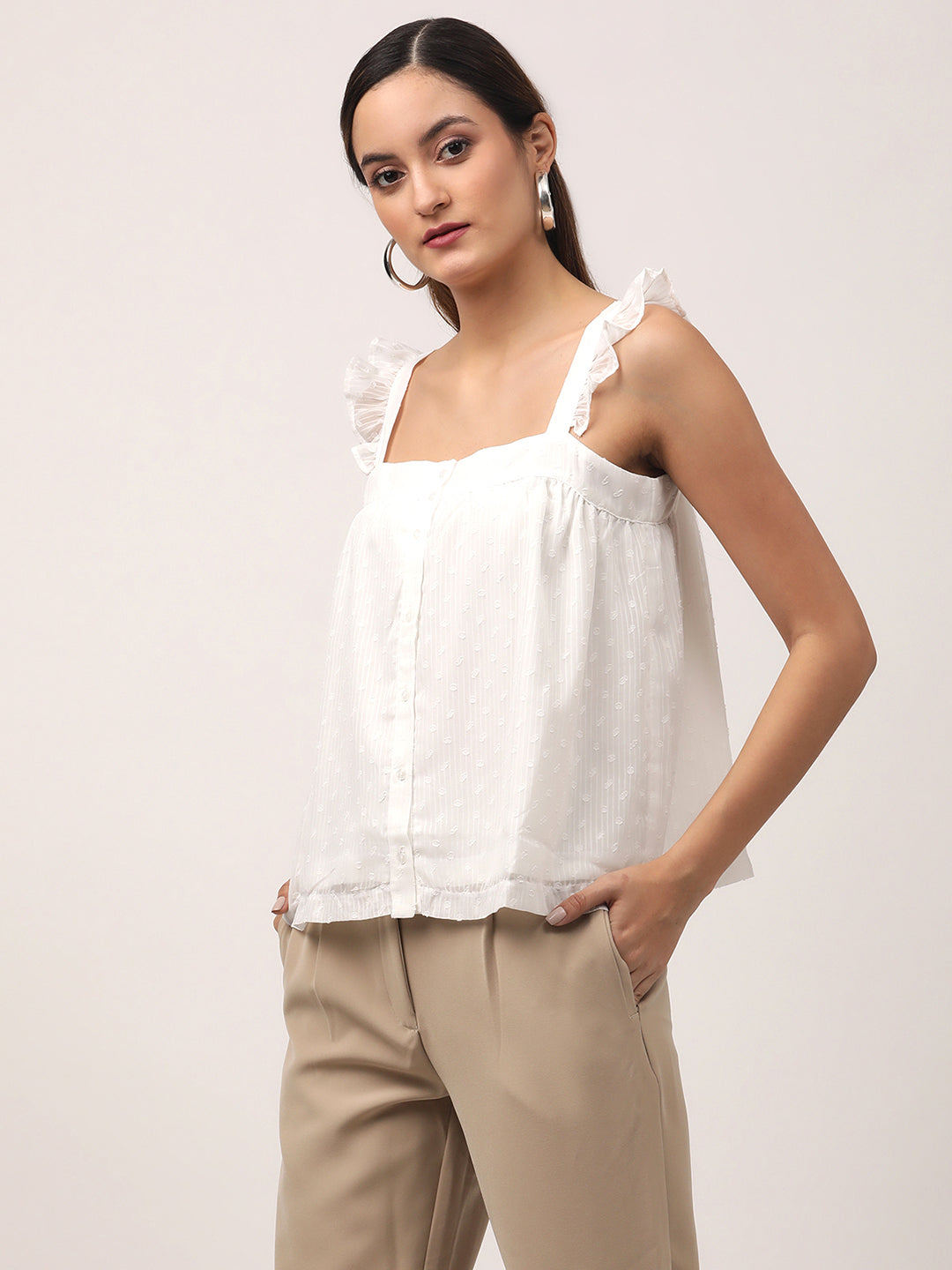 Centre Stage Women Off White Solid Square Neck Top