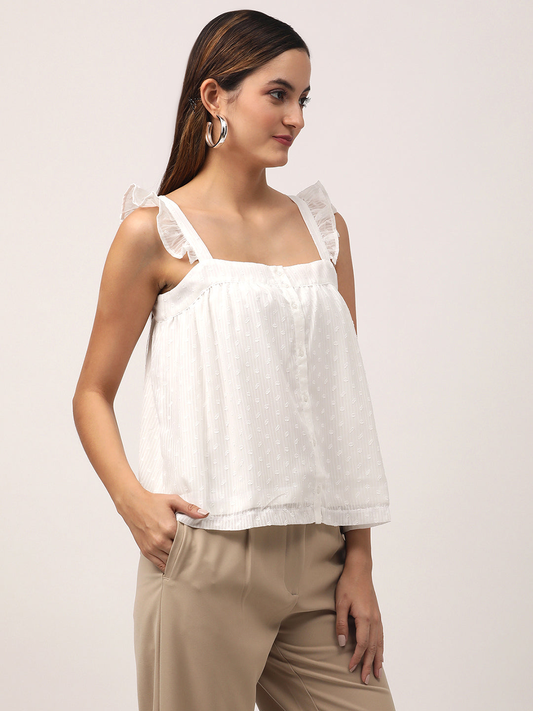 Centre Stage Women Off White Solid Square Neck Top