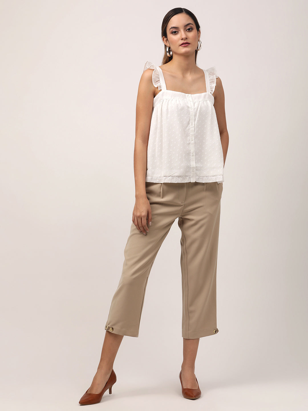 Centre Stage Women Off White Solid Square Neck Top