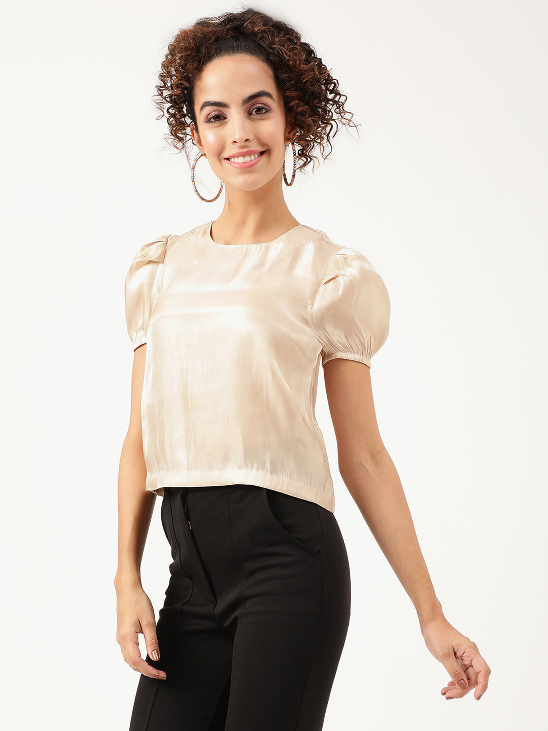 Centre Stage Women Beige Solid Round Neck Top