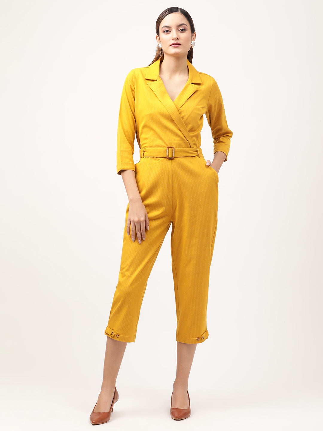 Centre Stage Women Mustard Striped Jumpsuit