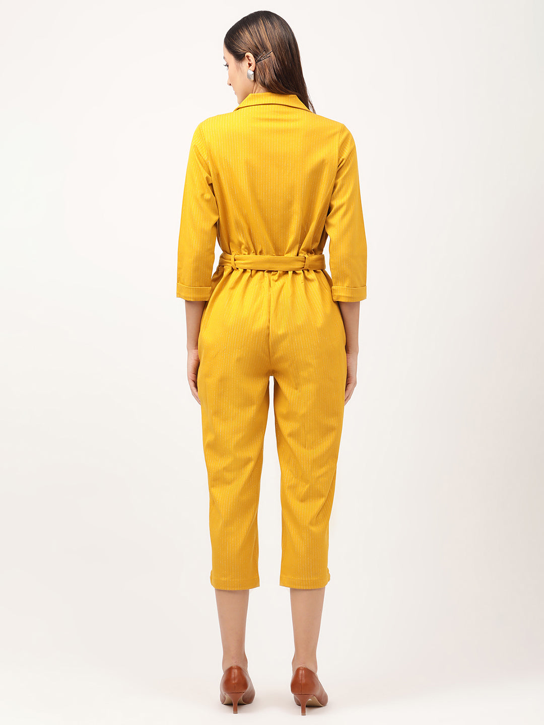 Centre Stage Women Mustard Striped Jumpsuit