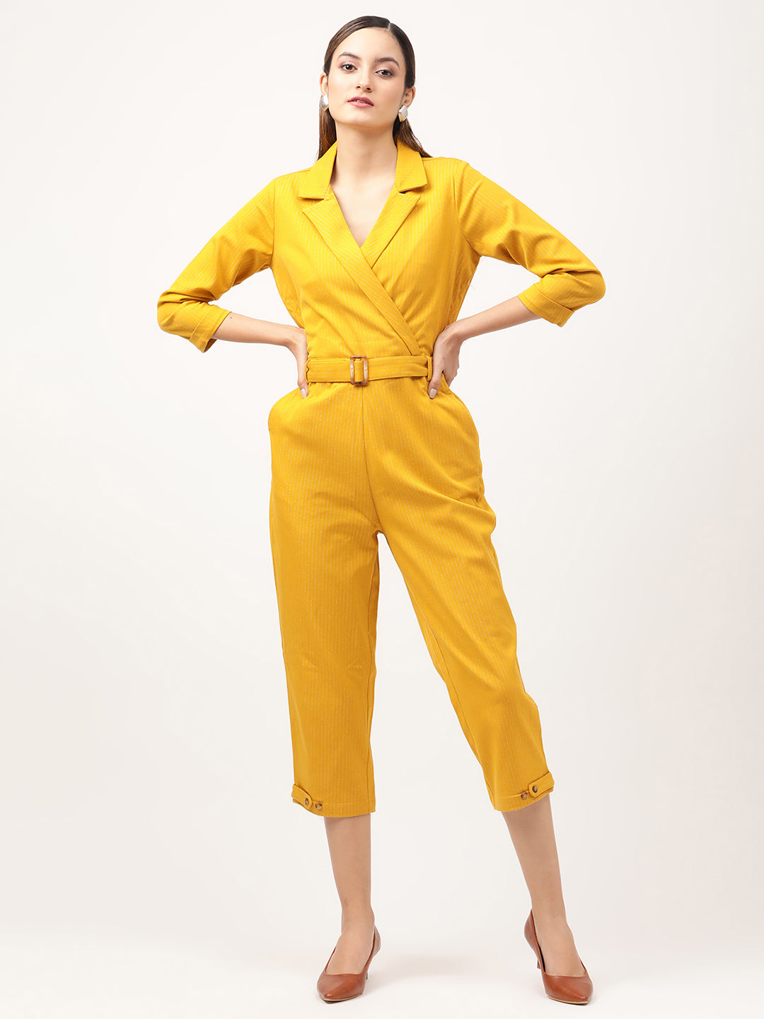 Centre Stage Women Mustard Striped Jumpsuit