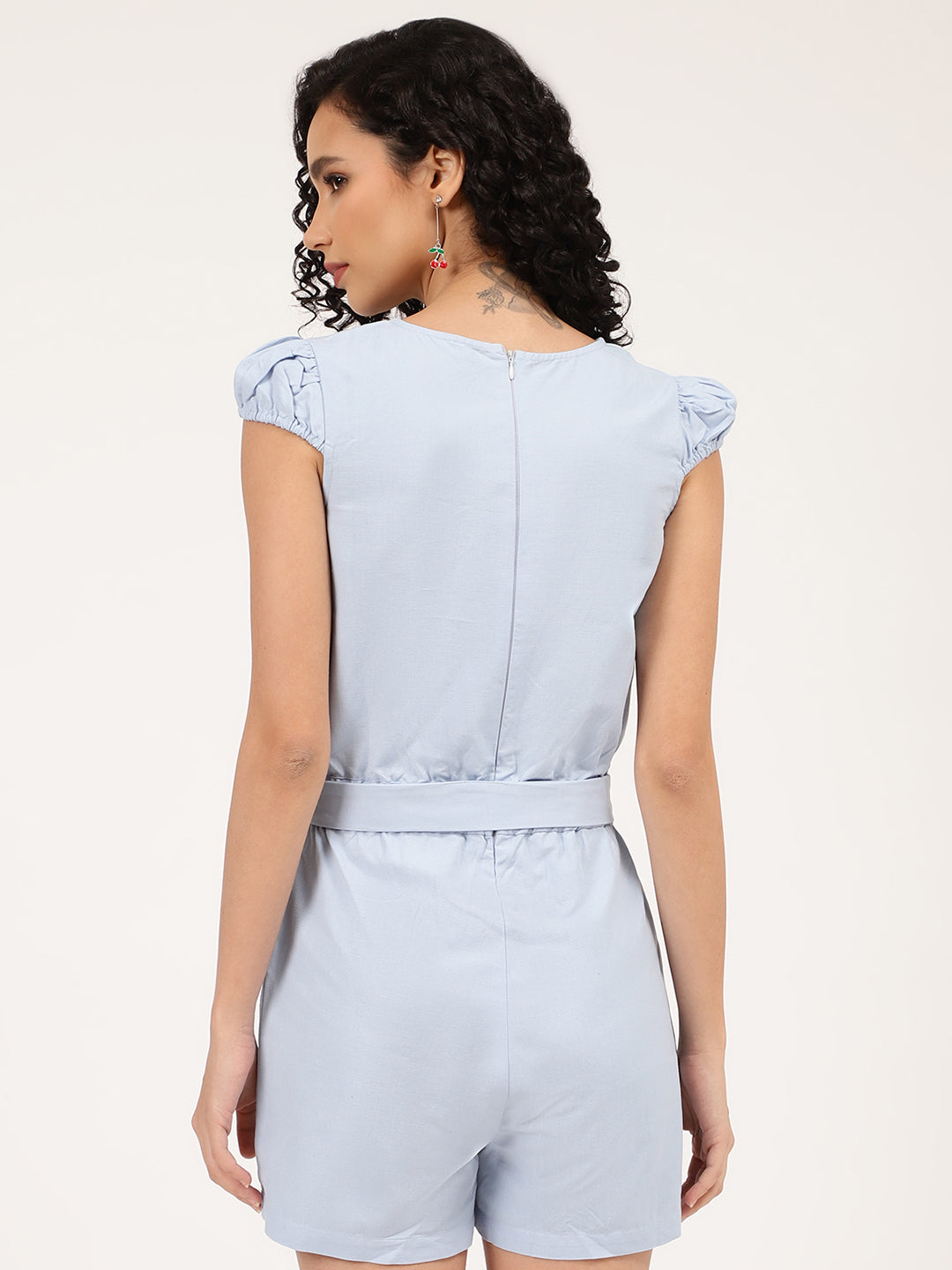 Elle Women Blue Solid V Neck Playsuit