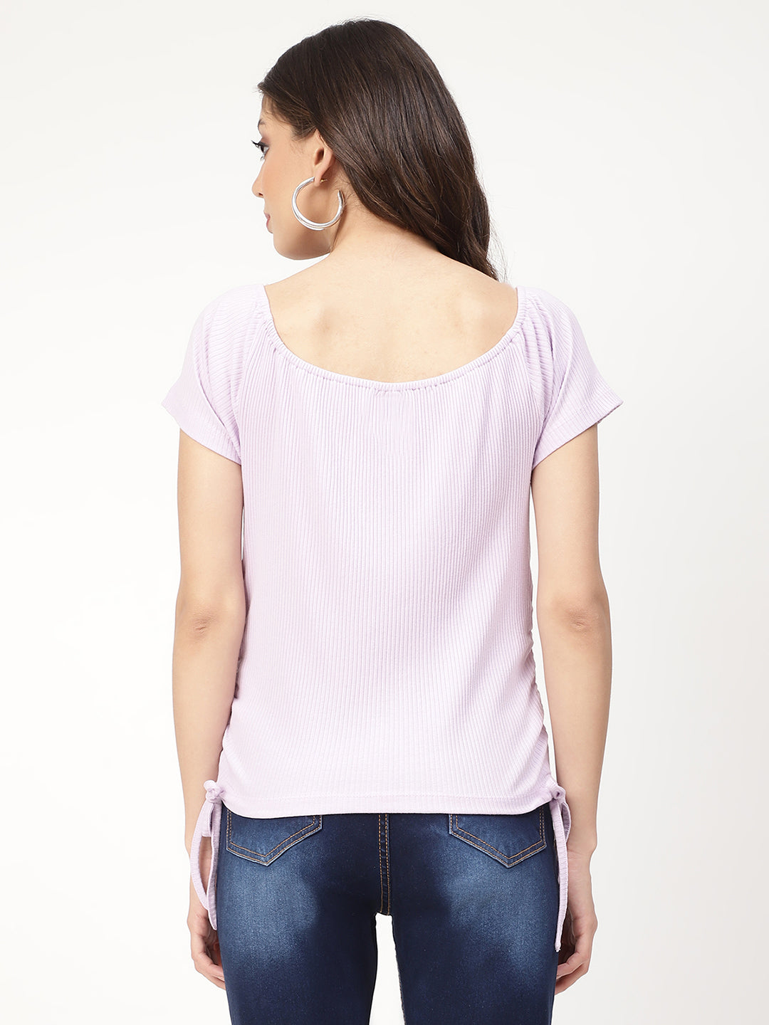 Elle Women Lilac Striped Off Shoulder Tshirt