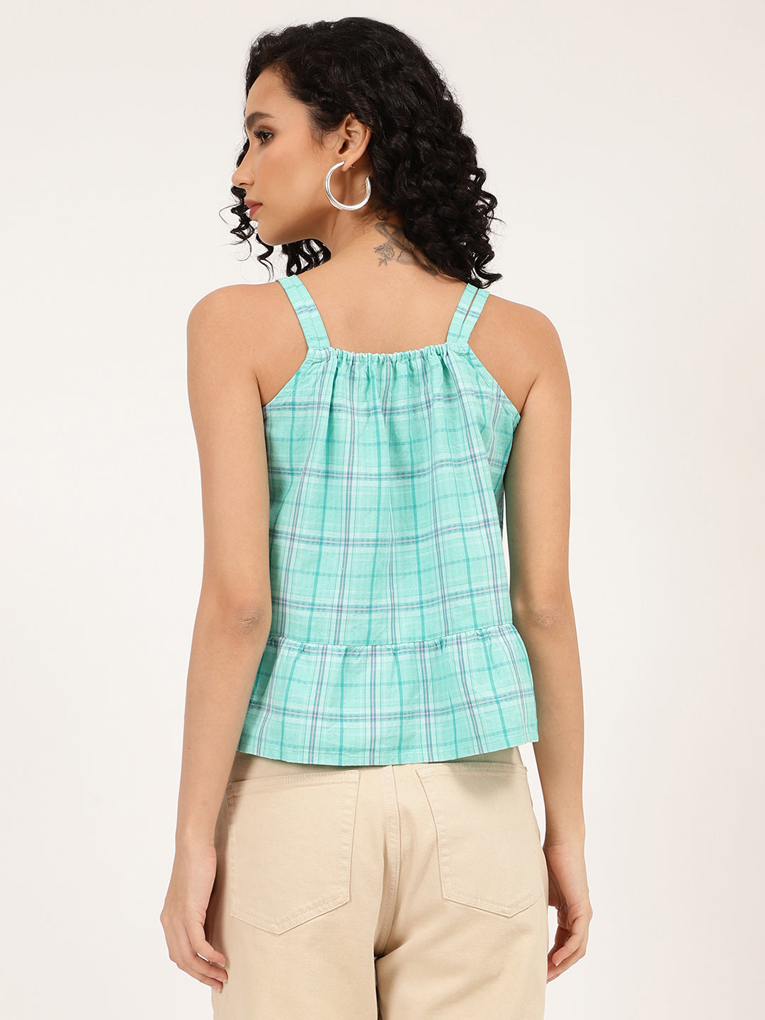 Elle Women Green Checked Square Neck Top
