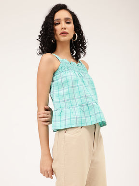Elle Women Green Checked Square Neck Top