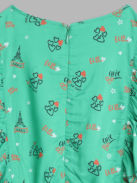 Elle Kids Girls Green Printed Round Neck Jumpsuit