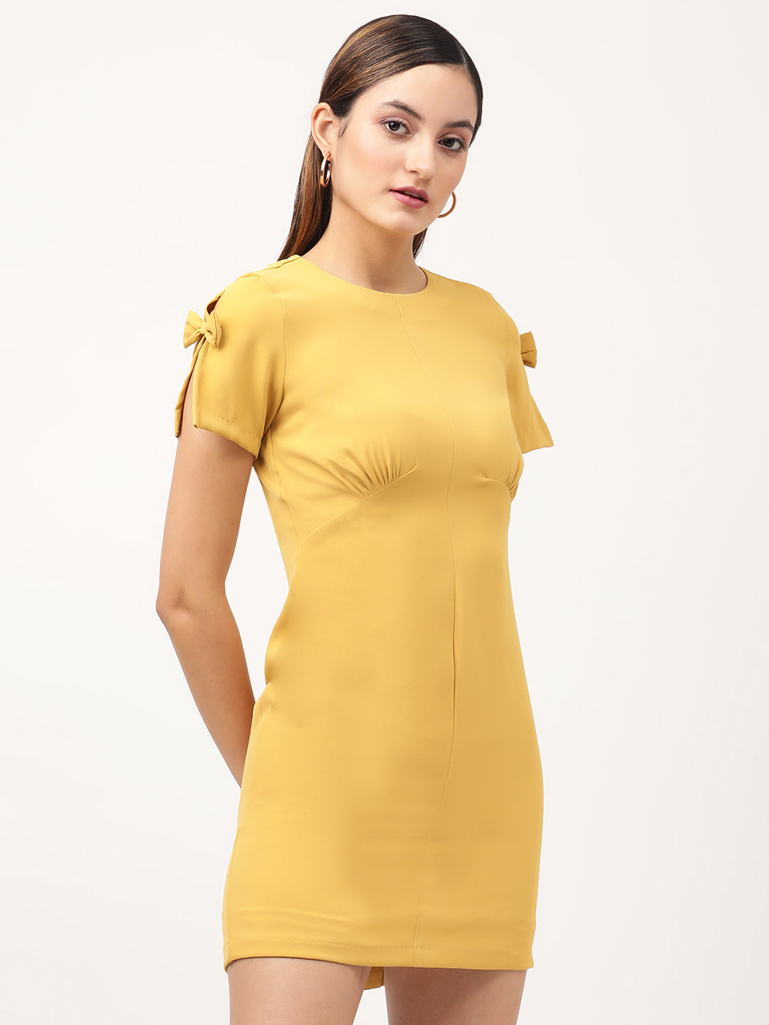 Centre Stage Women Yellow Solid Round Neck Dress