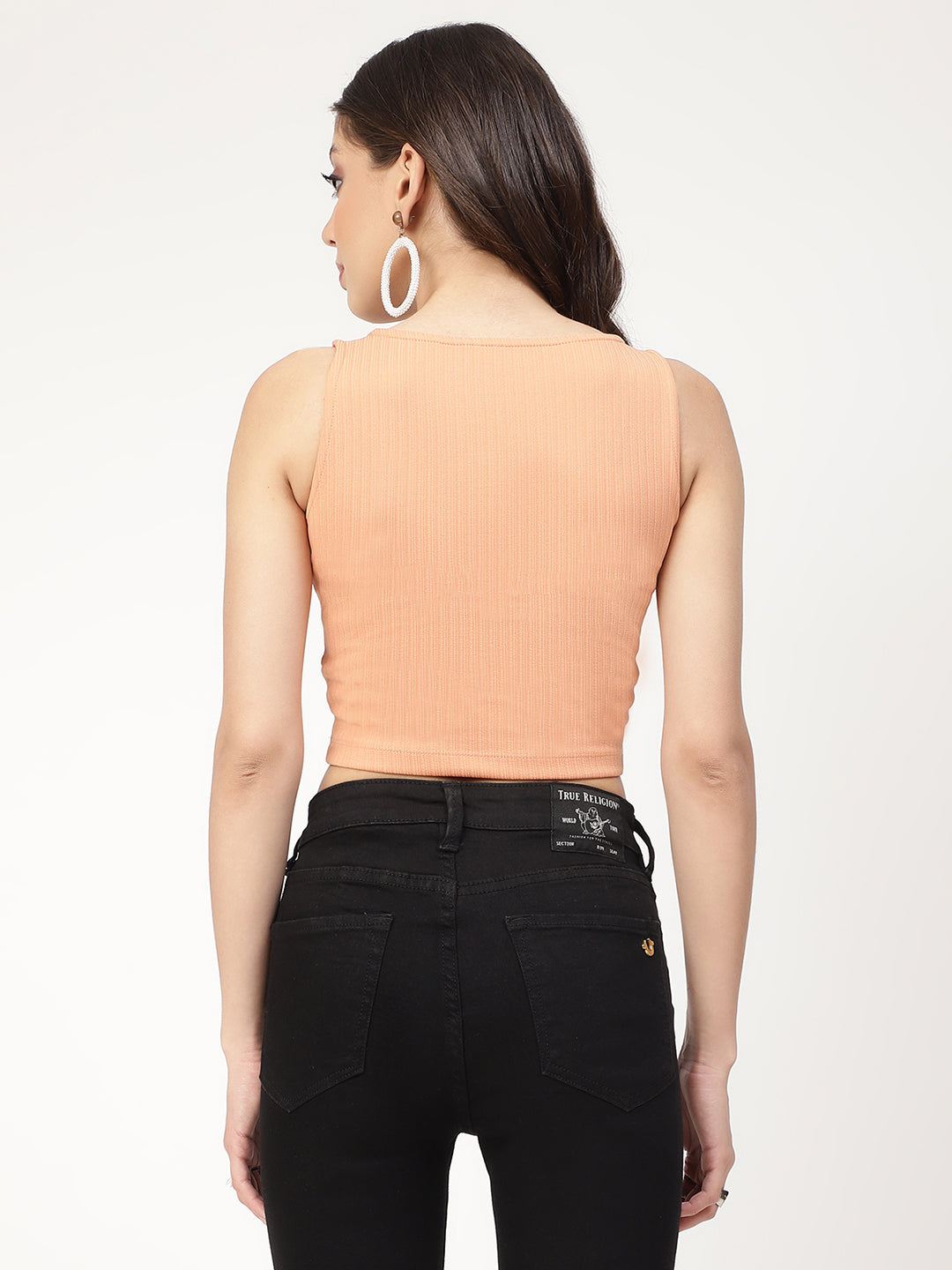 Centre Stage Women Orange Self-Design V Neck Top