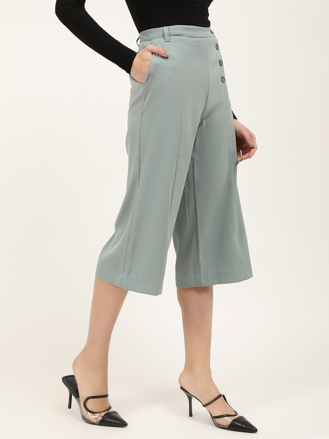 Centre Stage Women Sea Green Solid Regular Fit Trouser