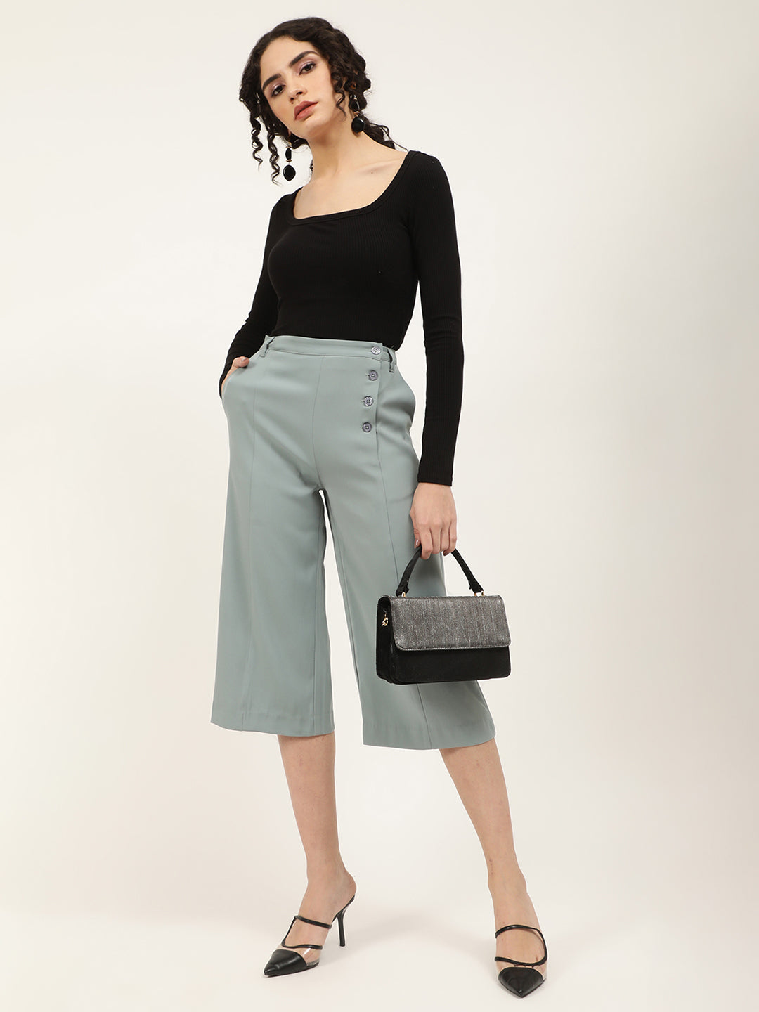 Centre Stage Women Sea Green Solid Regular Fit Trouser