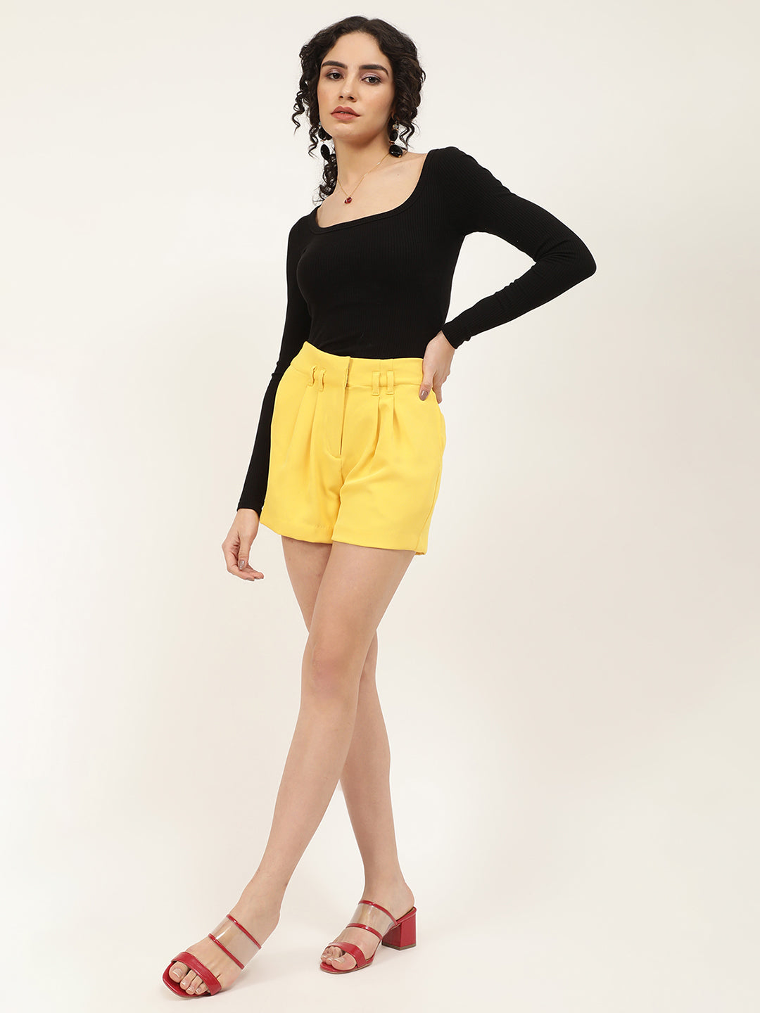 Shop Centre Stage Women Yellow Solid Loose Fit Shorts Online
