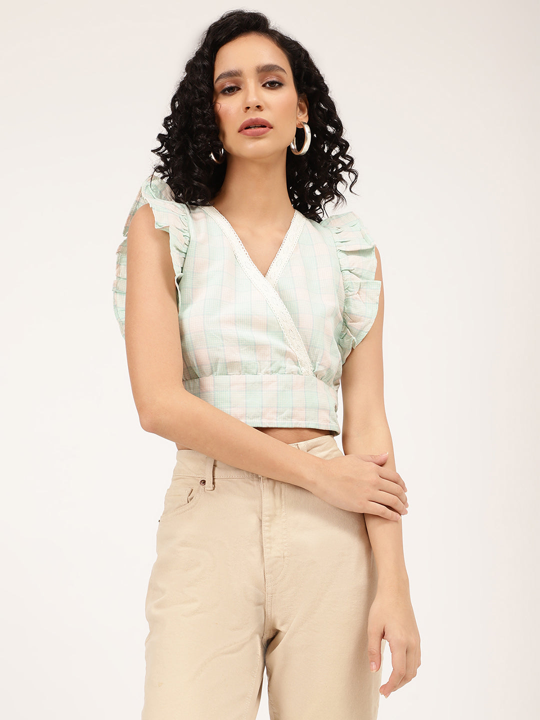 Elle Women White Checked V Neck Top