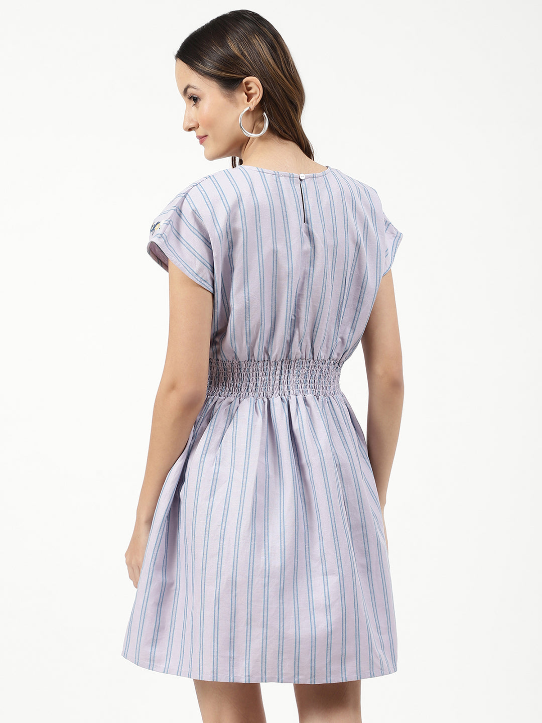 Elle Women Lilac Striped Round Neck Dress