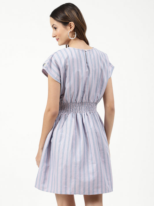 Elle Women Lilac Striped Round Neck Dress