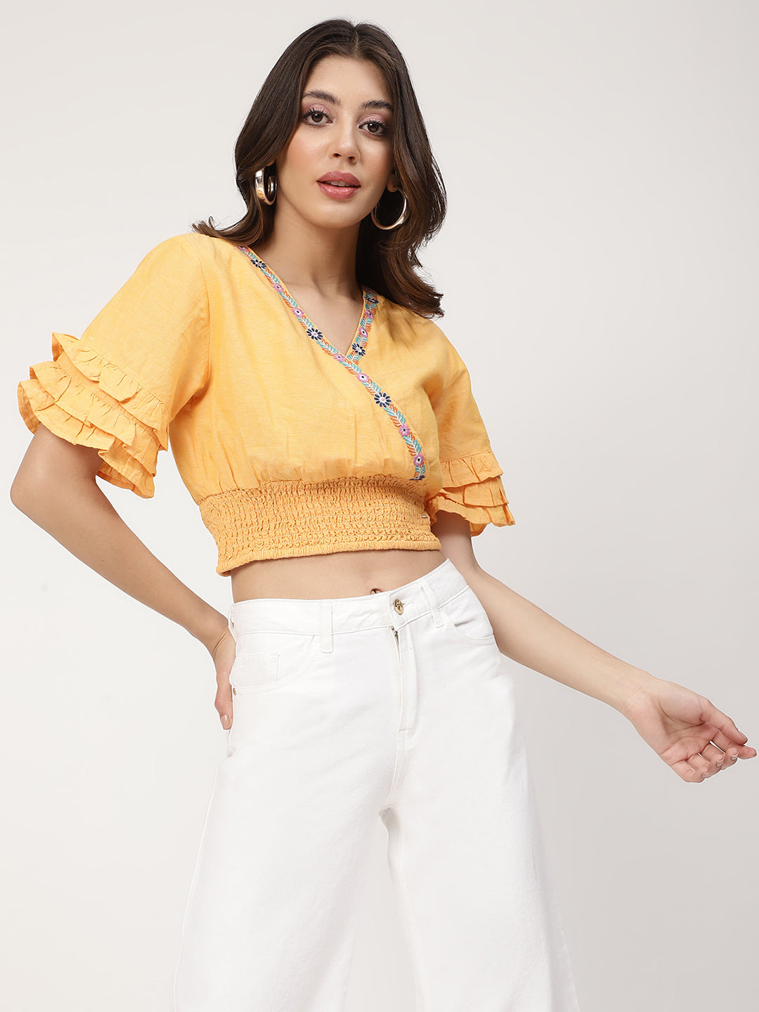 Elle Women Yellow Solid V Neck Top