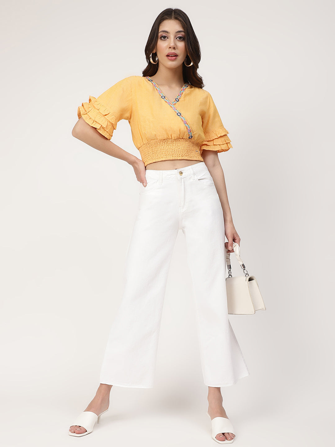 Elle Women Yellow Solid V Neck Top