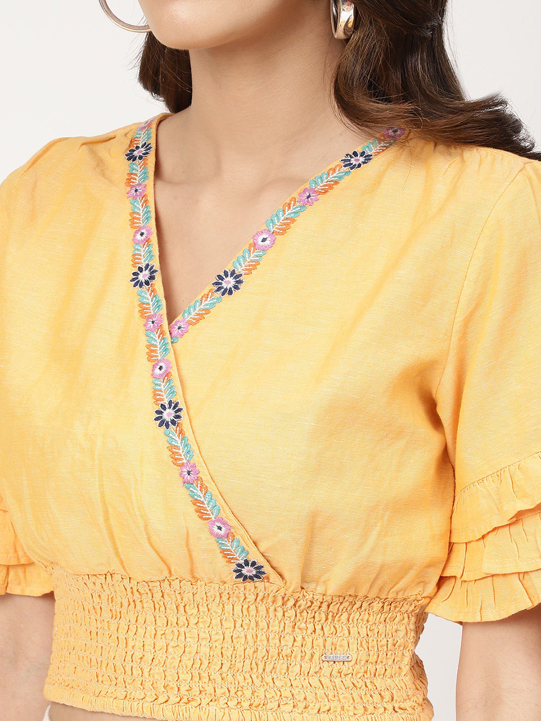 Elle Women Yellow Solid V Neck Top