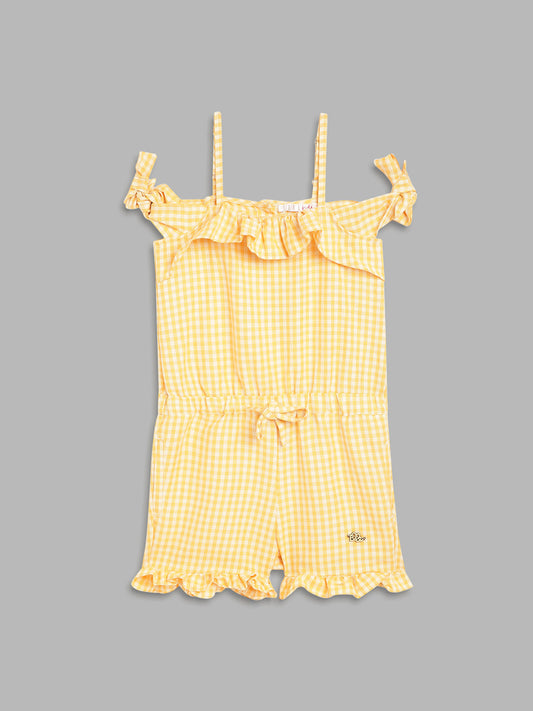 Elle Kids Girls Yellow Checked Square Neck Playsuit