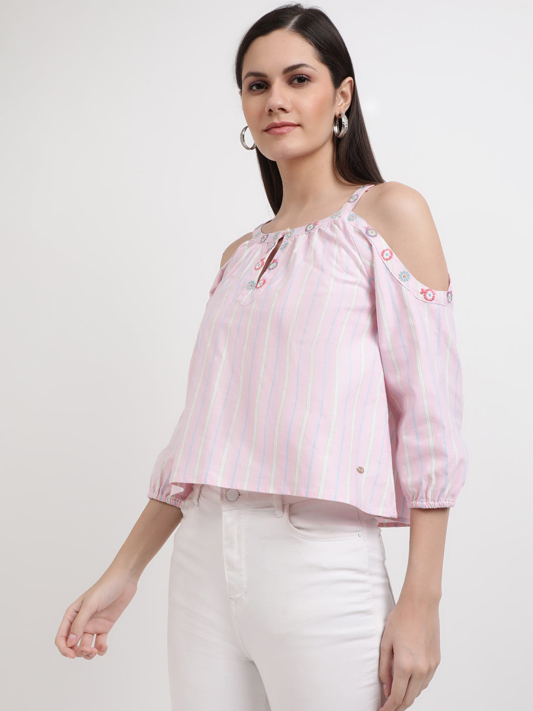 Elle Women Pink Striped Round Neck Top