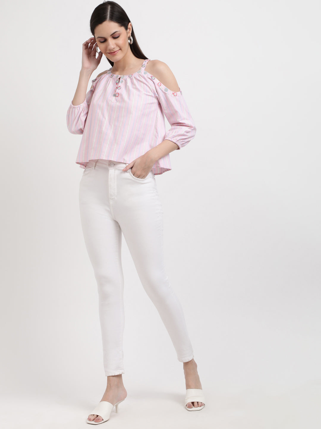 Elle Women Pink Striped Round Neck Top