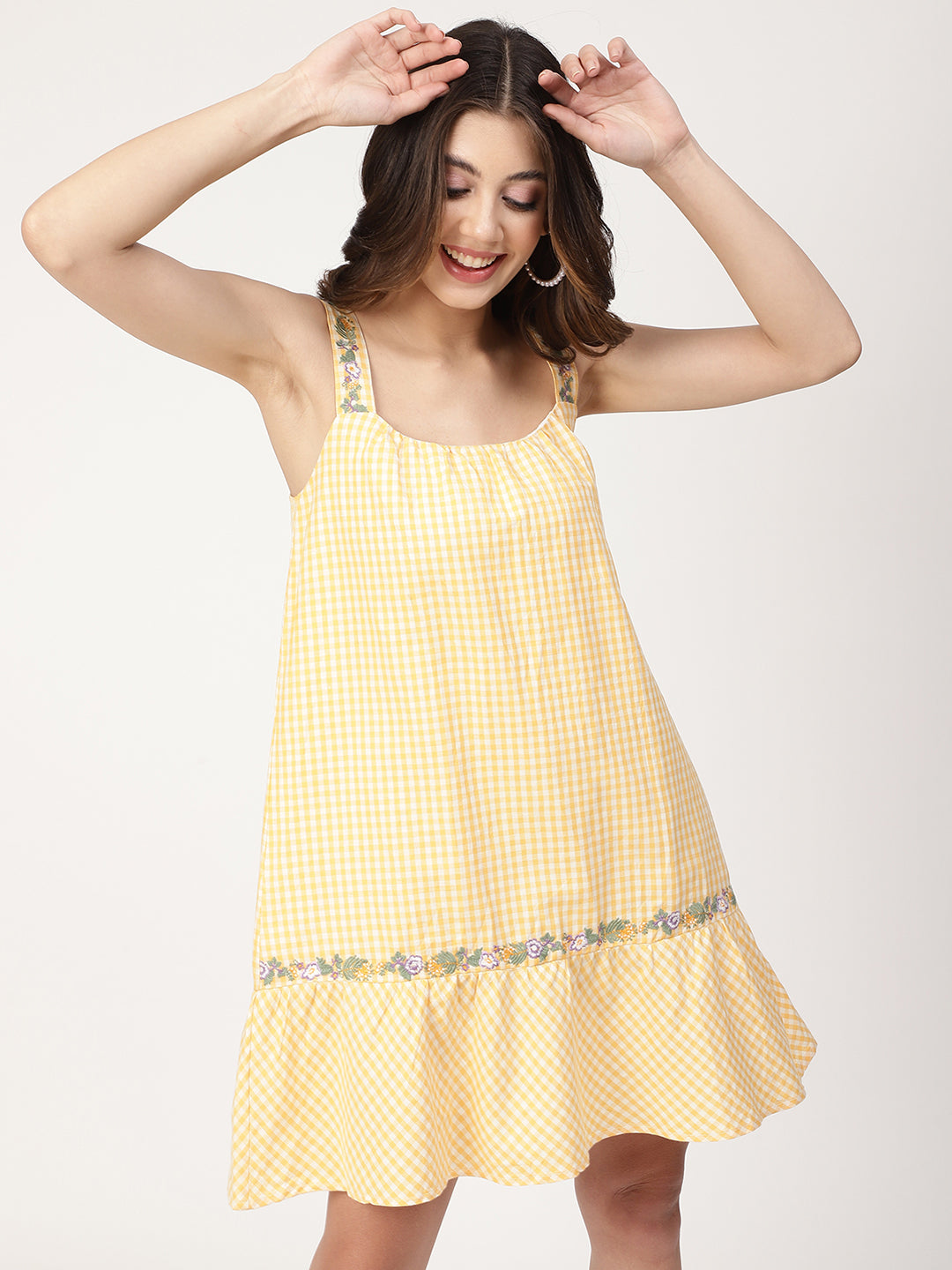 Elle Women Yellow Checked Square Neck Dress