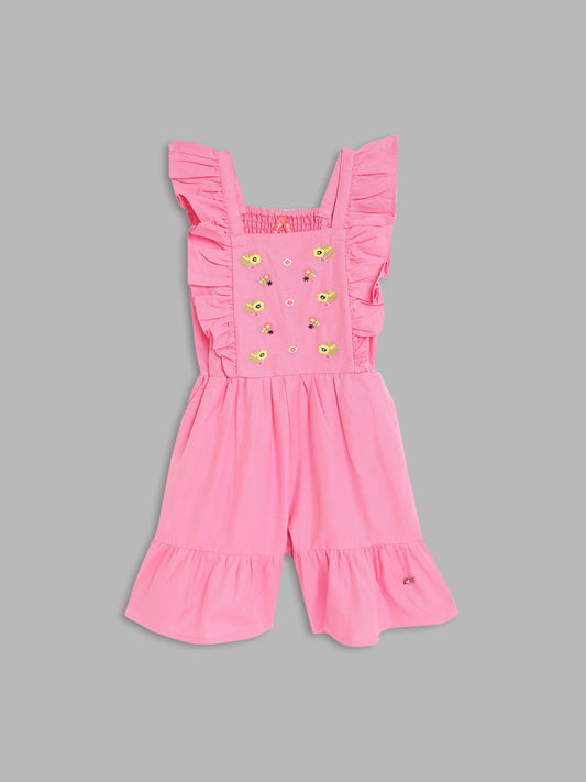 Blue Giraffe Girls Pink Embroidered Square Neck Playsuit