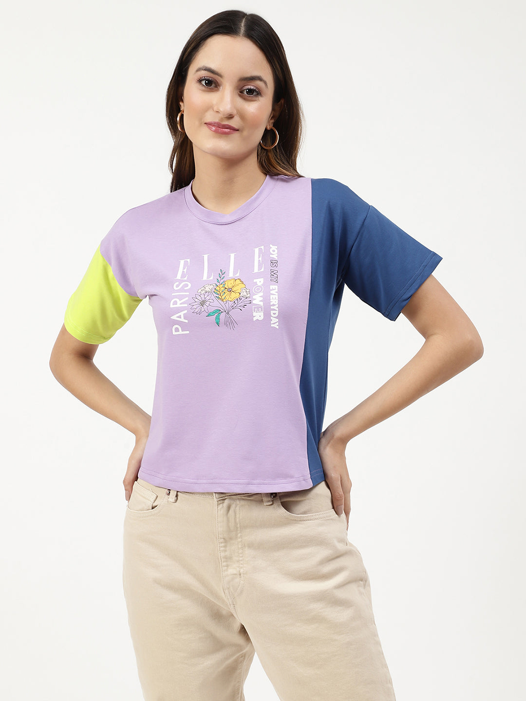 Elle Women Lilac Solid Round Neck Tshirt
