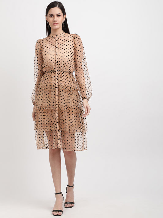 Centre Stage Women Beige Printed Band Collar Dress