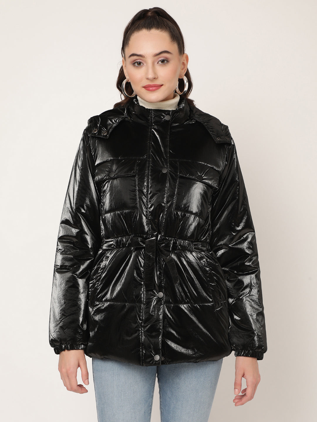 Centre Stage Women Black Solid Hooded Jacket