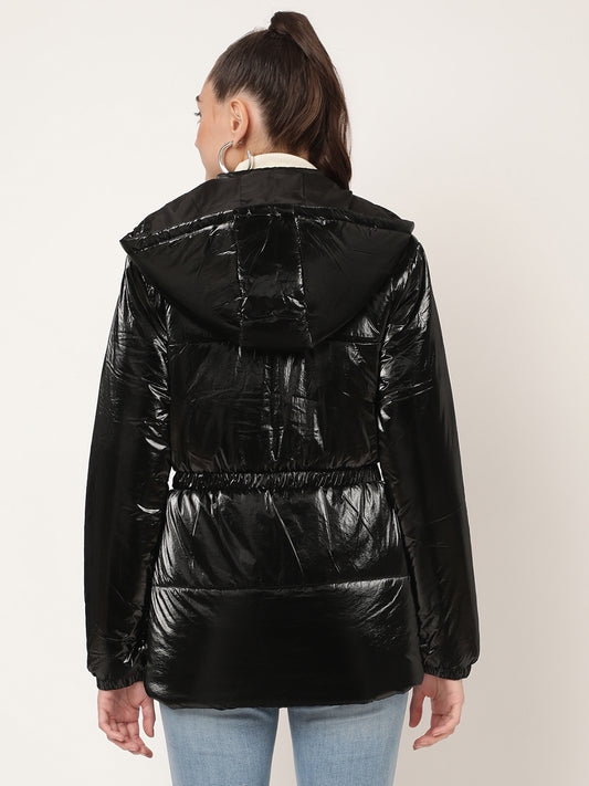 Centre Stage Women Black Solid Hooded Jacket