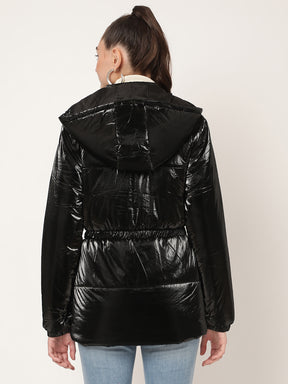 Centre Stage Women Black Solid Hooded Jacket