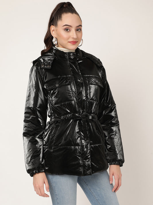 Centre Stage Women Black Solid Hooded Jacket