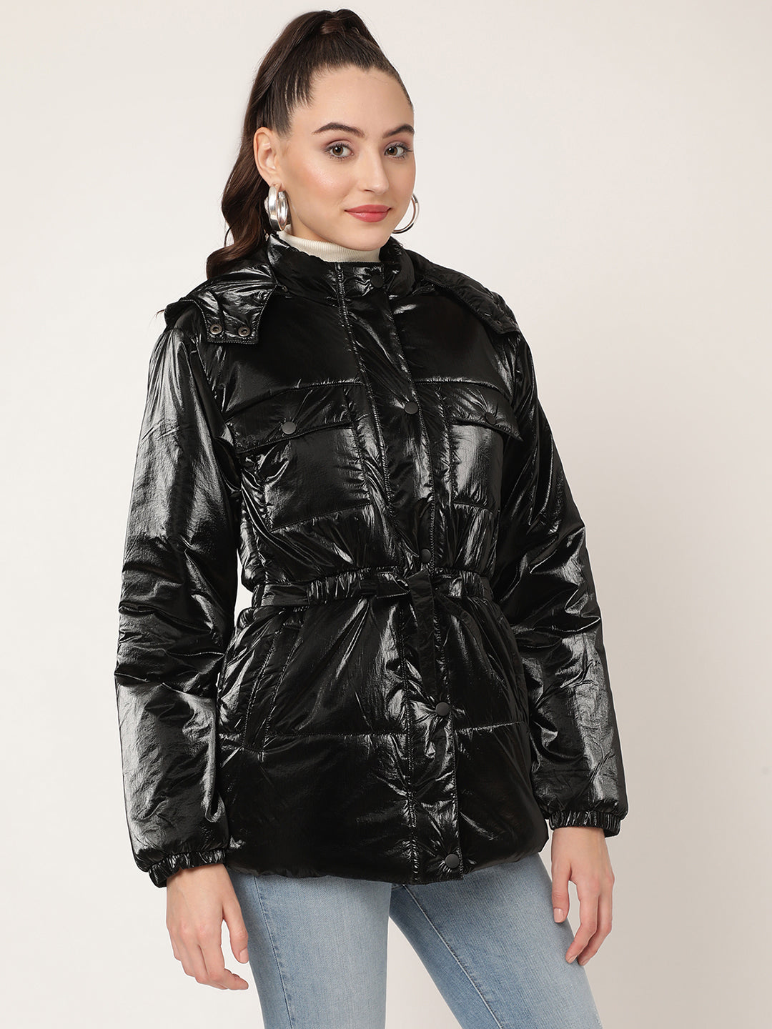 Centre Stage Women Black Solid Hooded Jacket