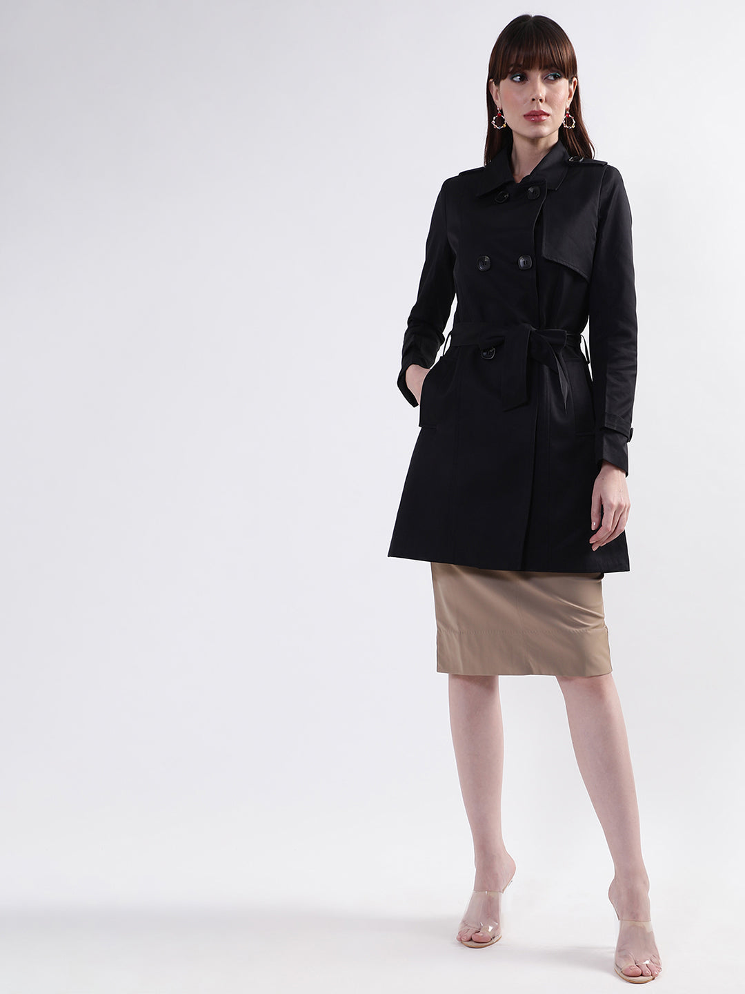 Centre Stage Women Black Solid Collar Overcoat