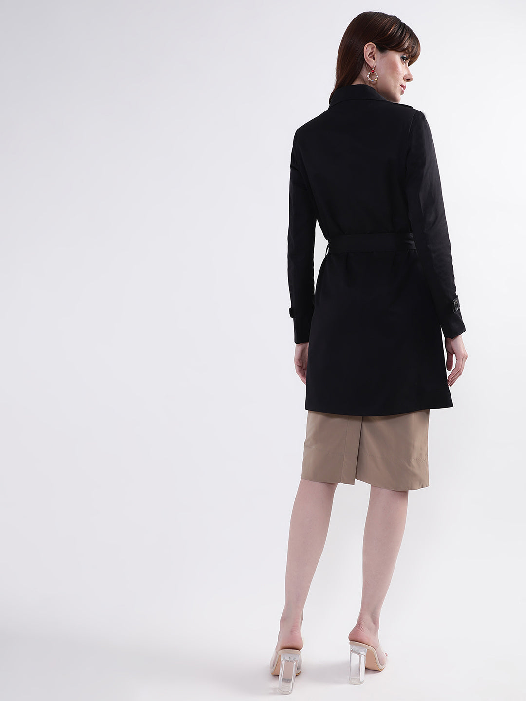 Centre Stage Women Black Solid Collar Overcoat